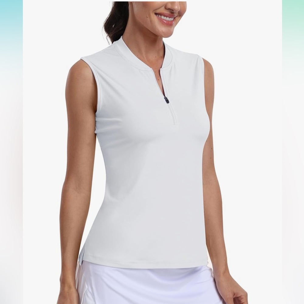 White Sleeveless Zip-up Tennis / Golf Quick Dry Athletic Tank Top